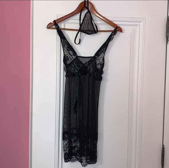 Contrast Lace Bow Front Sheer Mesh Night Dress With G-String Sz S - Picture 3 of 6